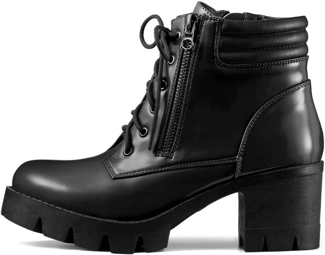 Allegra K Women's Round Toe Chunky Heel Lace Up Zipper Combat Boots
