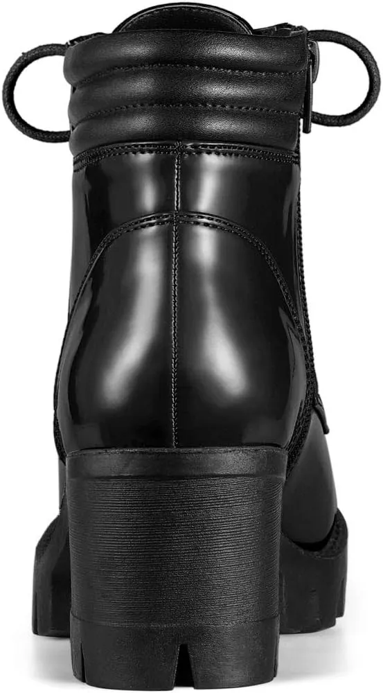 Allegra K Women's Round Toe Chunky Heel Lace Up Zipper Combat Boots