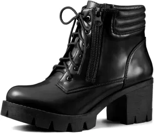 Allegra K Women's Round Toe Chunky Heel Lace Up Zipper Combat Boots