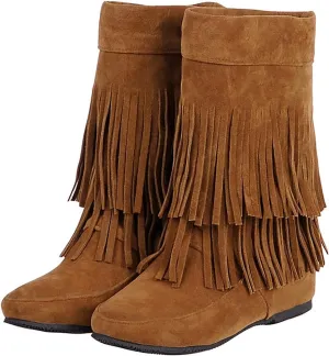 AUNTHUI Women'S Suede Double Tassel Toe Mid-Calf Flat Booties,Winter Warm Fashion Round Toe Faux Suede Slip On Height Increasing Shoes
