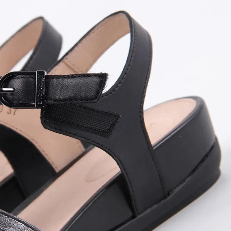 Bohemian Style Sandals Genuine Leather Chunky Buckle Summer Shoes in Golden/Black