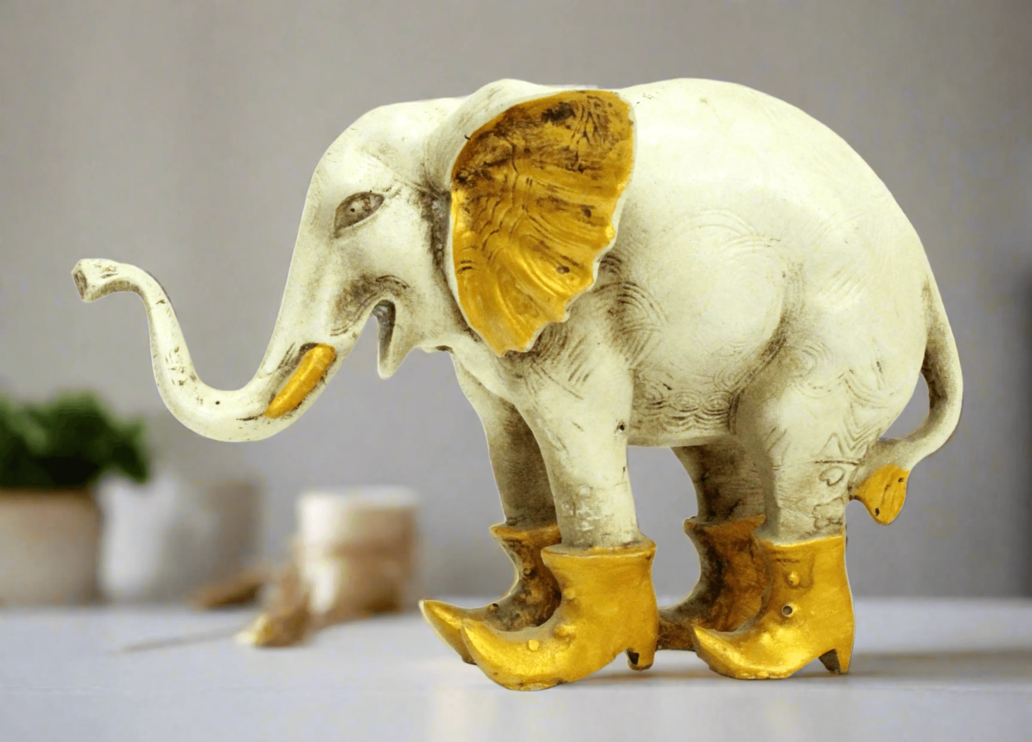 Charming Poly Resin White Elephant with Shoes