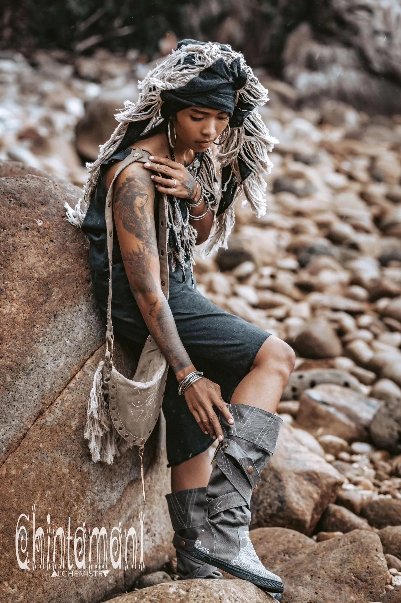 Cotton Canvas Vegan High Boots for Women / Grey