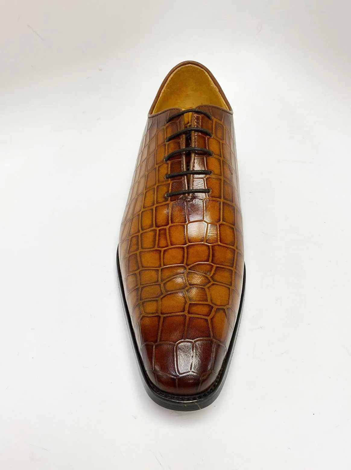 Crocodile Embossed Calfskin Lace-Up Oxford Cognac