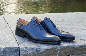 Crocodile Embossed Calfskin Lace-Up Oxford Navy