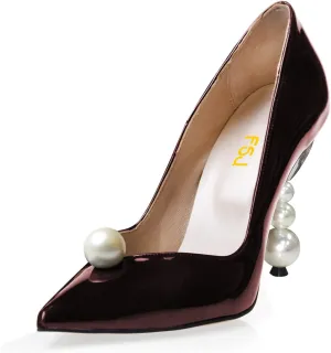 FSJ Women High Heel Pearls Studded Pumps Pointed Toe Slip On Beaded Sexy 4.2 inch Wedding Prom Party Club Dress Shoes Size 4-16 US