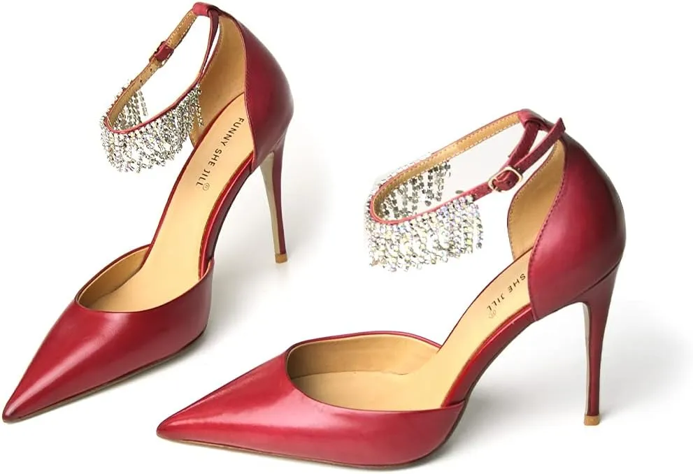 FSJ Women's Pointed Toe Stiletto High Heels Rhinestone Tassel Ankle Strap Leather Pumps Prom Party Dance Shoes Size 4-15 US