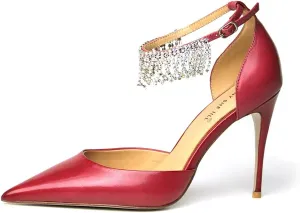 FSJ Women's Pointed Toe Stiletto High Heels Rhinestone Tassel Ankle Strap Leather Pumps Prom Party Dance Shoes Size 4-15 US