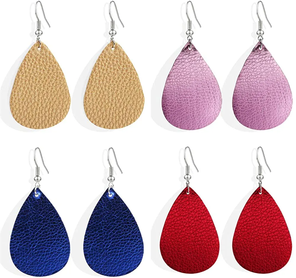 GIMEFIVE 4 Pairs Leather Teardrop Glitter Sequins Earring Lightweight Leaf Drop Bohemian Hollow Earrings for Women Girl