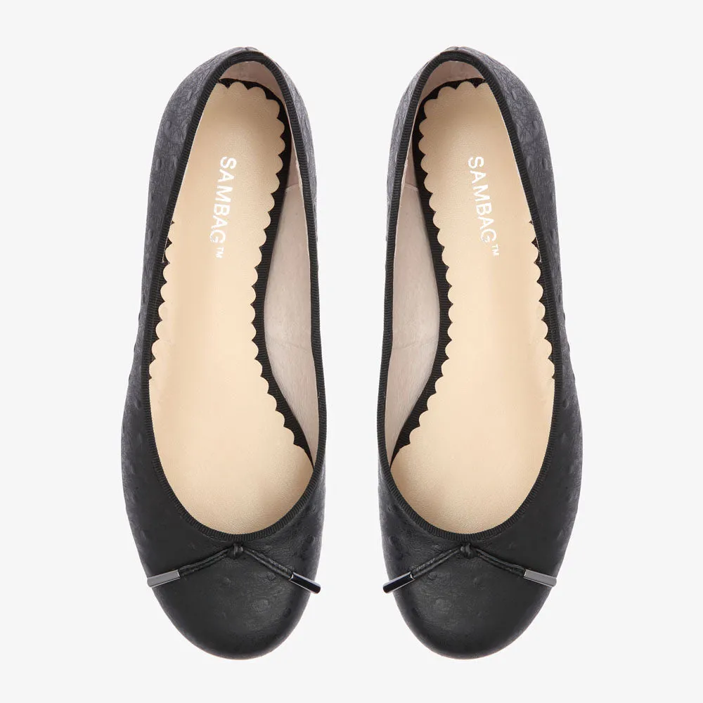 Grace Black Embossed Ostrich Leather Ballet flat