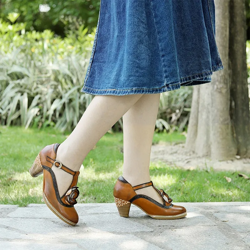 Handmade Leather T-strap Flower Mary Jane Shoes 50mm Block Heel in Brown