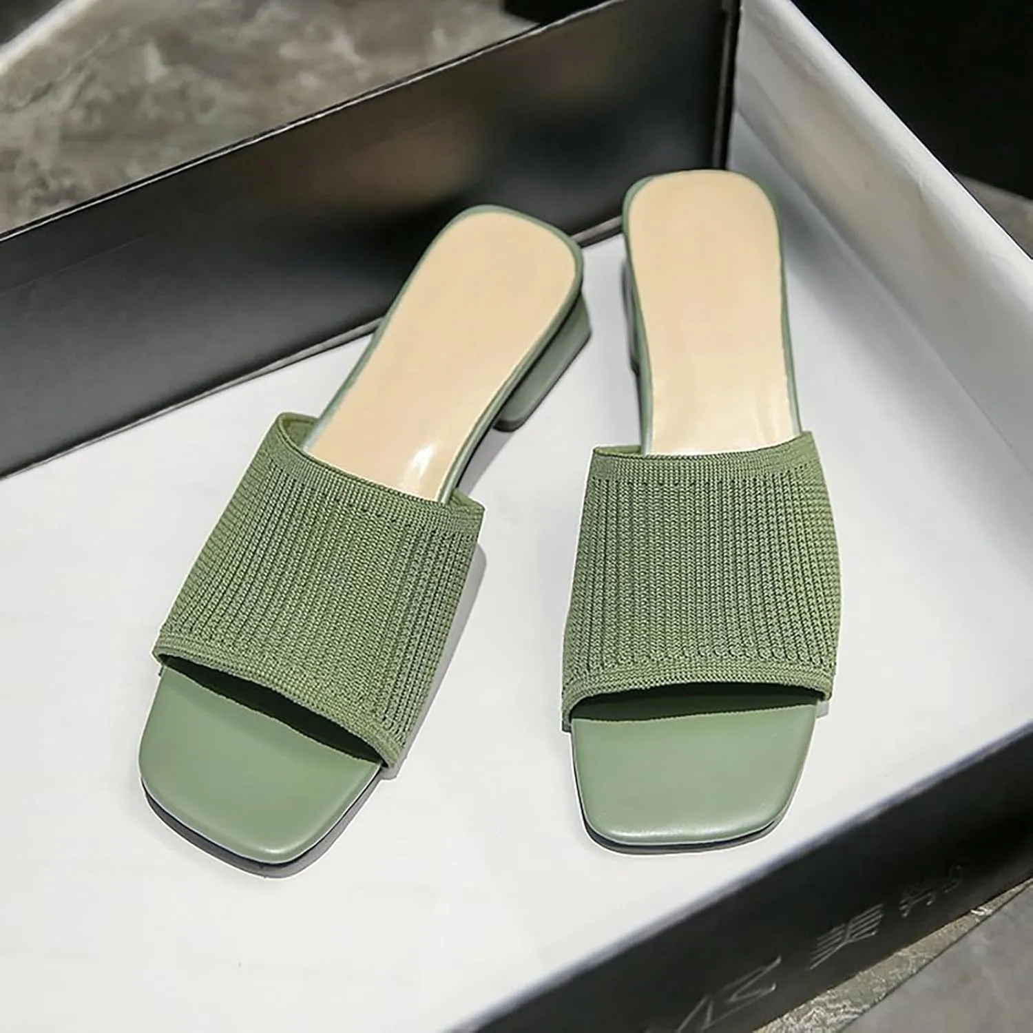Heeled Sandals for Women Square Open Toe Heeled Mules Dressy Slip On Chunky Block Low Heel Slides Sandals Comfortable Casual Pumps Shoes