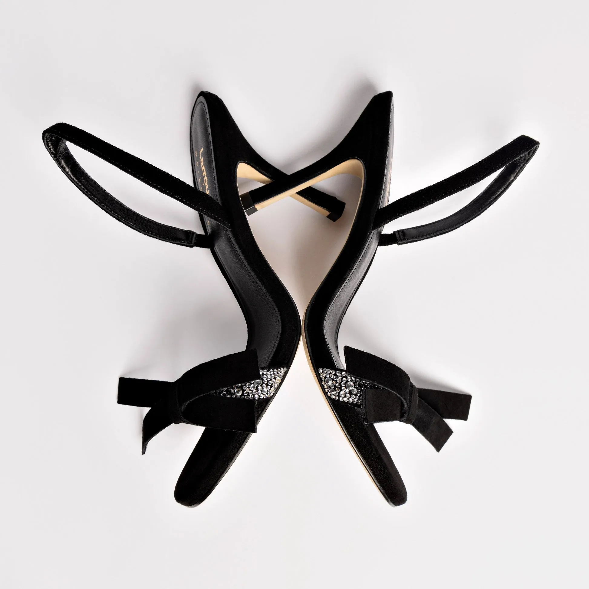 Larroudé x Markarian Sandal In Black Suede and Crystals