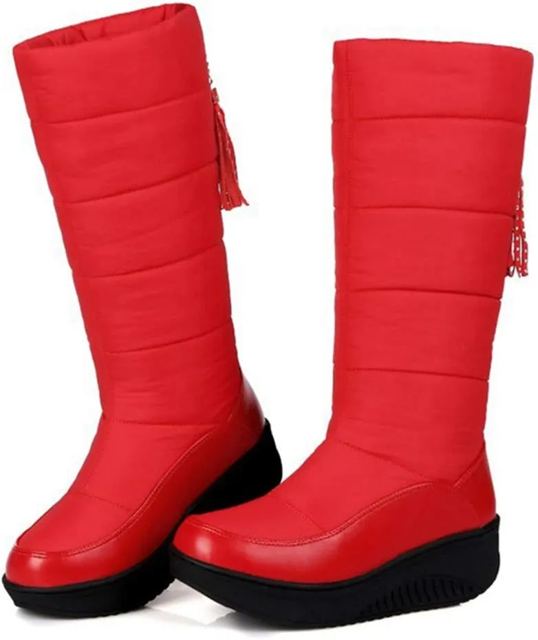 MIOKE Women's Fashion Mid Calf Tall Snow Boots Waterproof Rain Fur Lined Platform Winter Tassel Snow Boot
