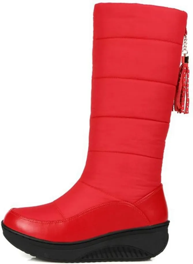 MIOKE Women's Fashion Mid Calf Tall Snow Boots Waterproof Rain Fur Lined Platform Winter Tassel Snow Boot