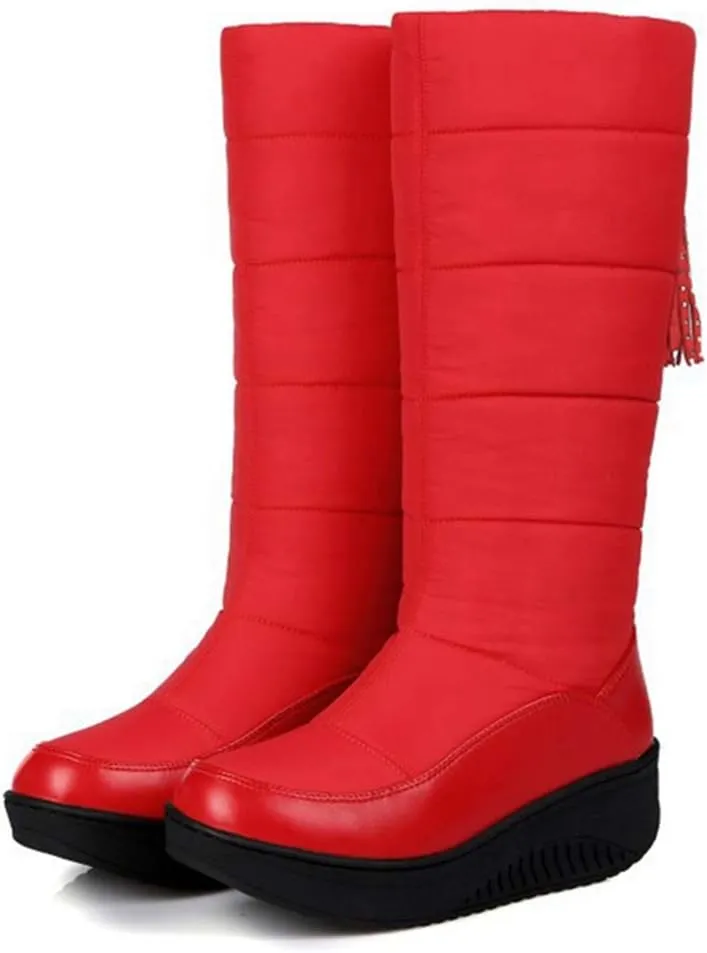 MIOKE Women's Fashion Mid Calf Tall Snow Boots Waterproof Rain Fur Lined Platform Winter Tassel Snow Boot