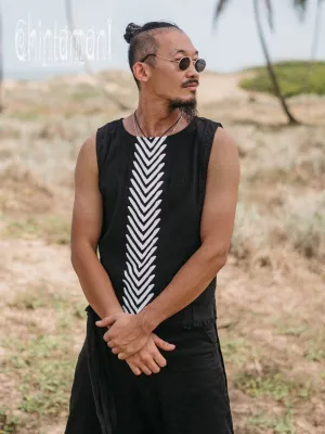 Organic Mens Long Top with Corners Print / Black
