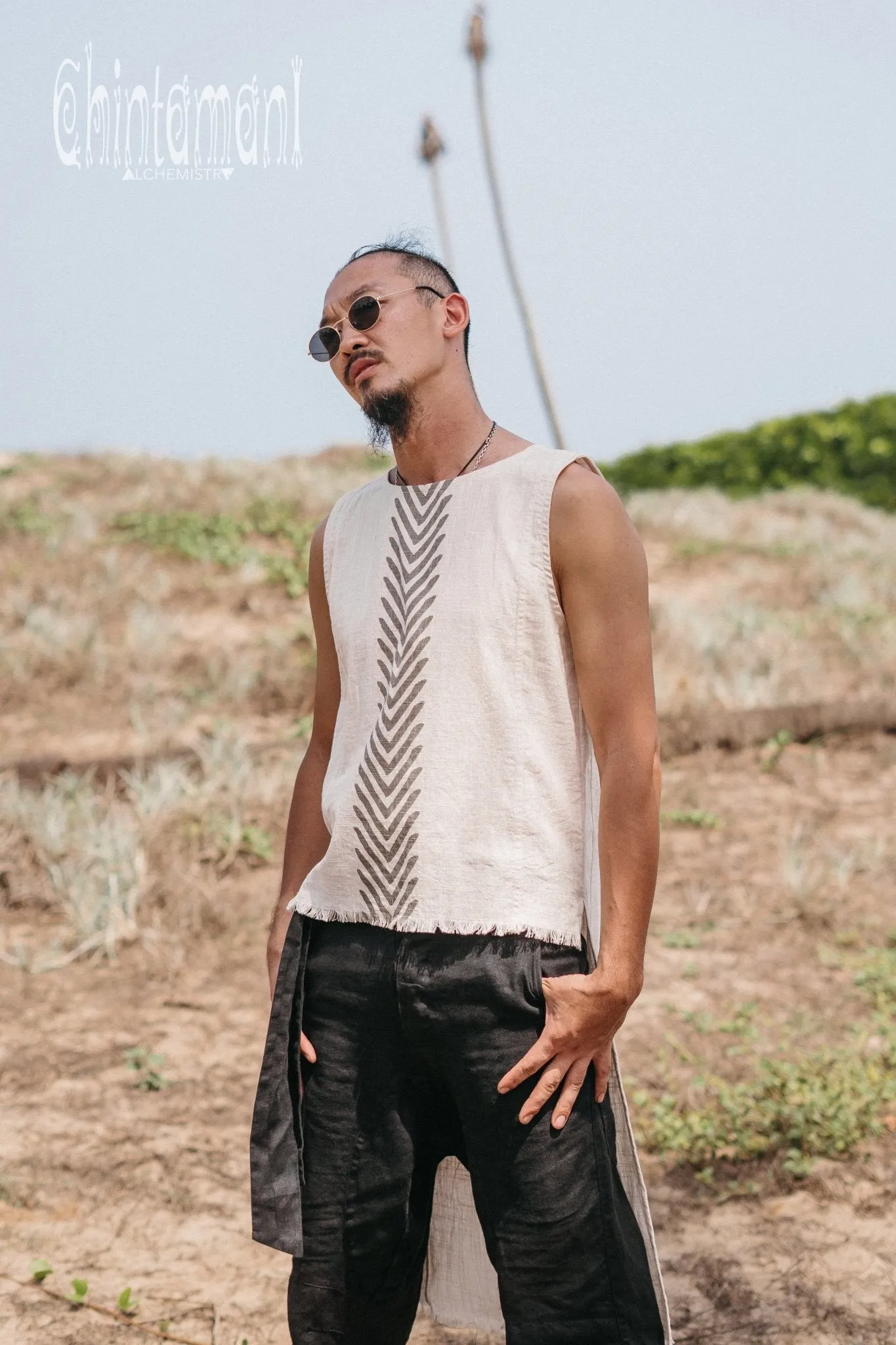 Organic Mens Long Top with Corners Print / Light Grey