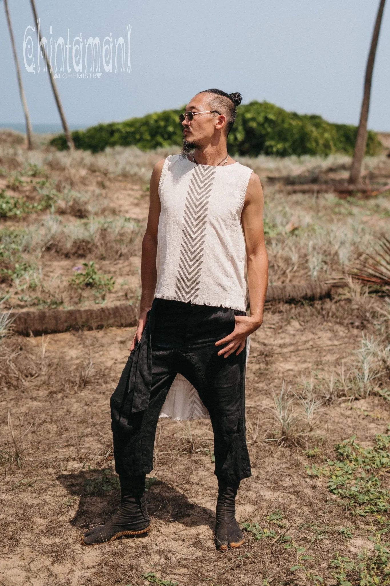 Organic Mens Long Top with Corners Print / Light Grey