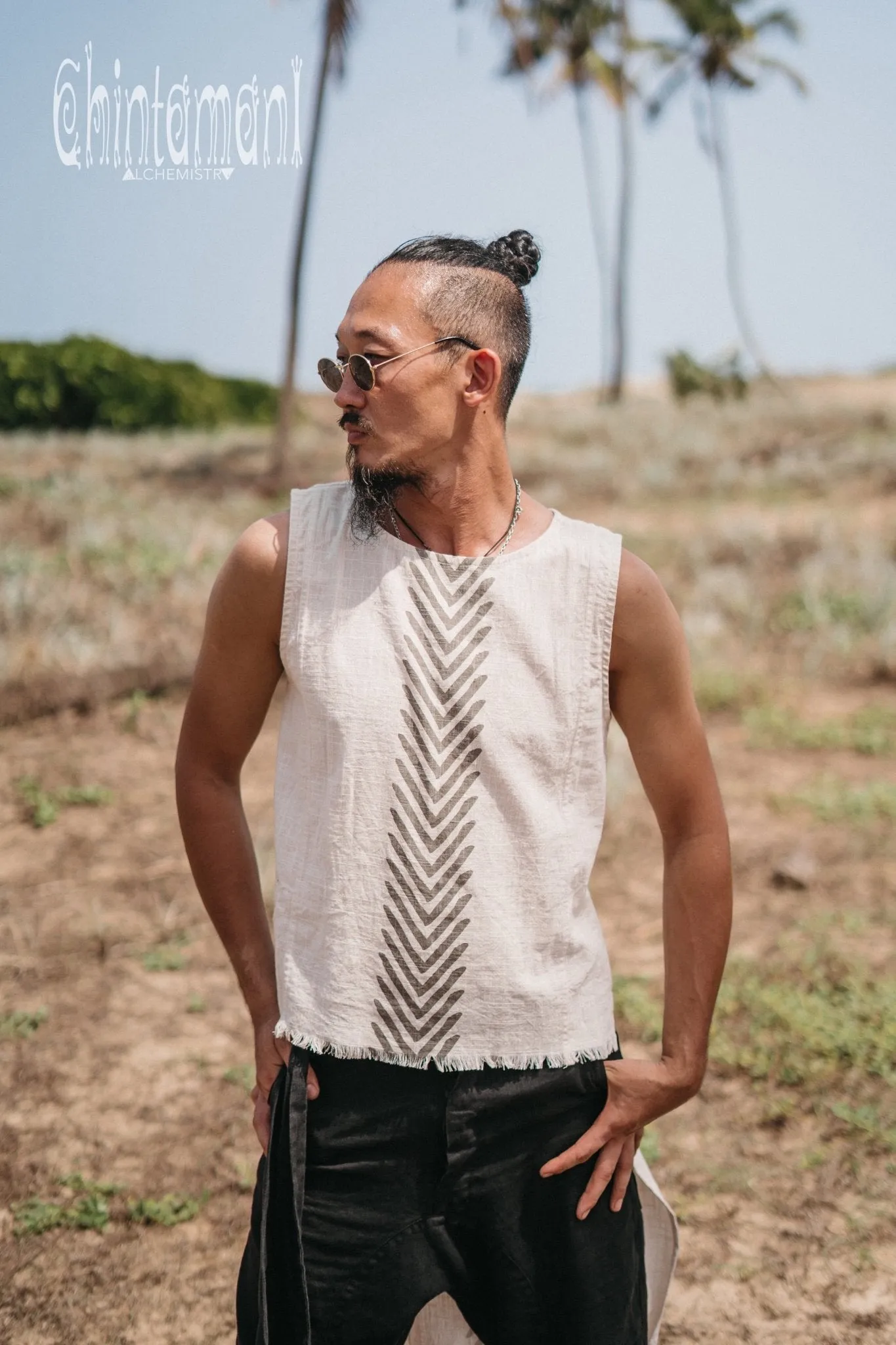 Organic Mens Long Top with Corners Print / Light Grey