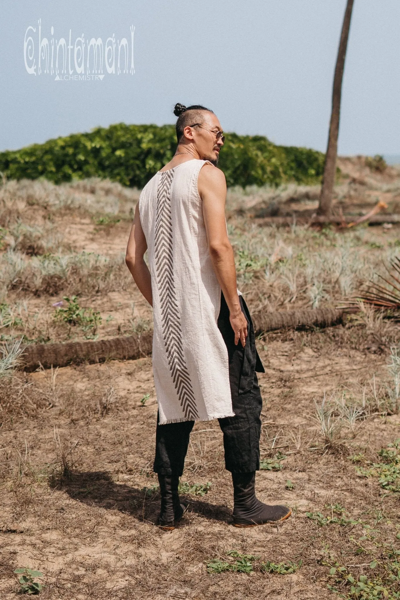 Organic Mens Long Top with Corners Print / Light Grey