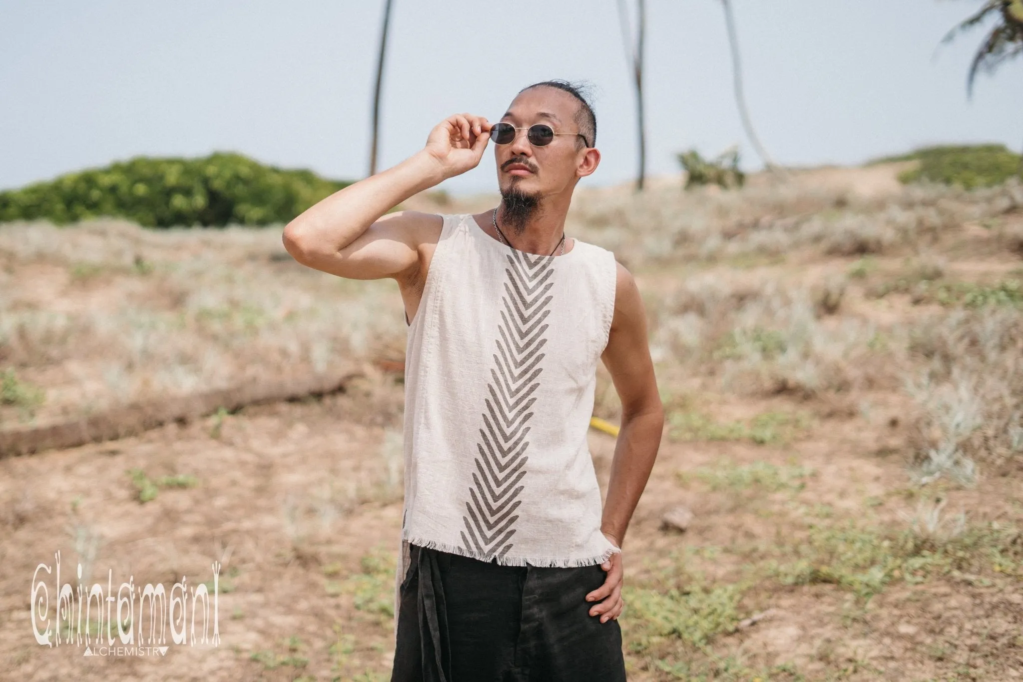 Organic Mens Long Top with Corners Print / Light Grey