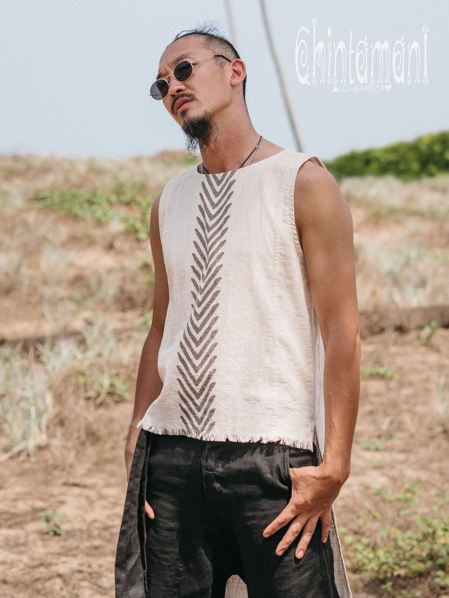 Organic Mens Long Top with Corners Print / Light Grey