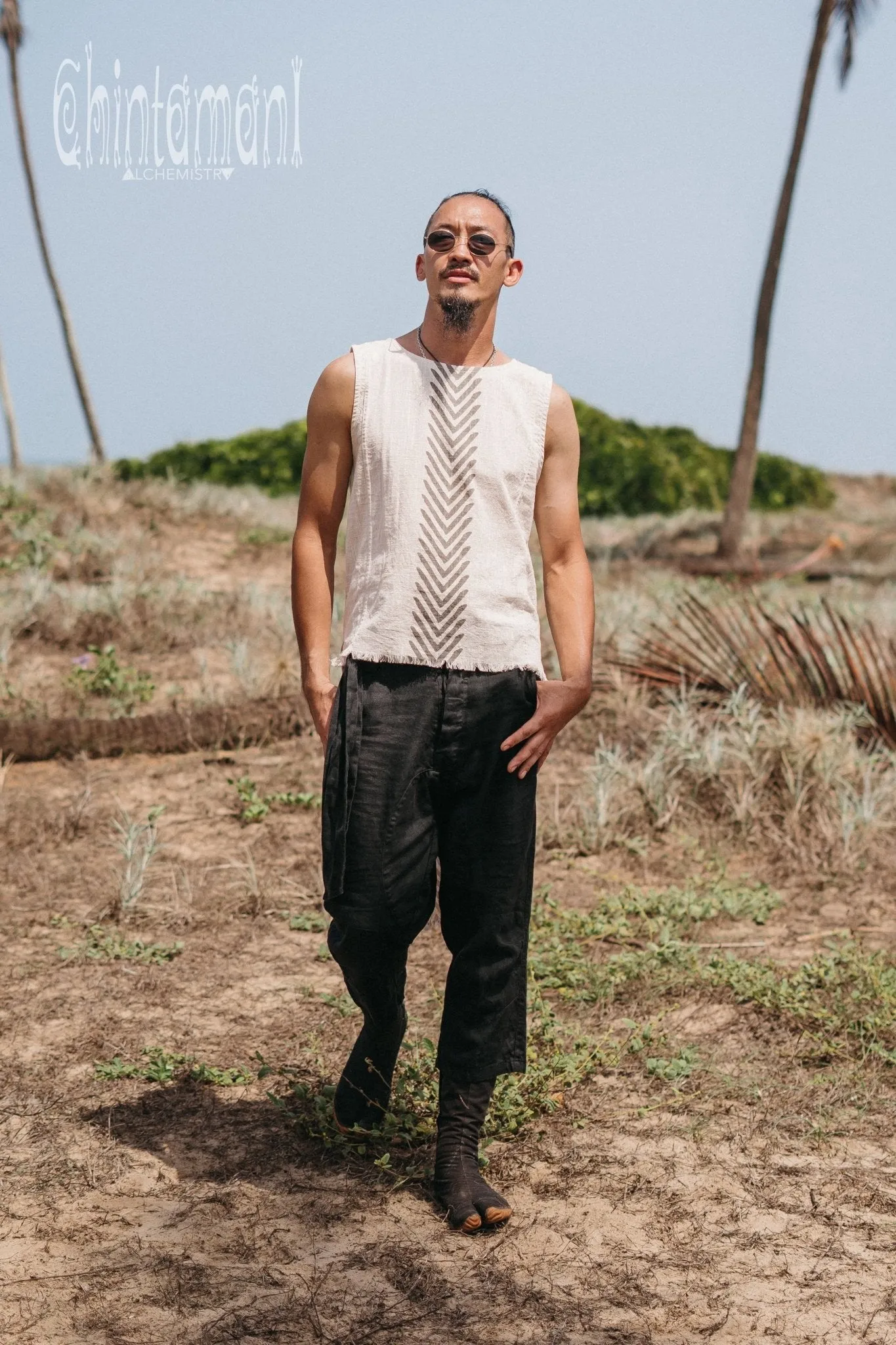 Organic Mens Long Top with Corners Print / Light Grey
