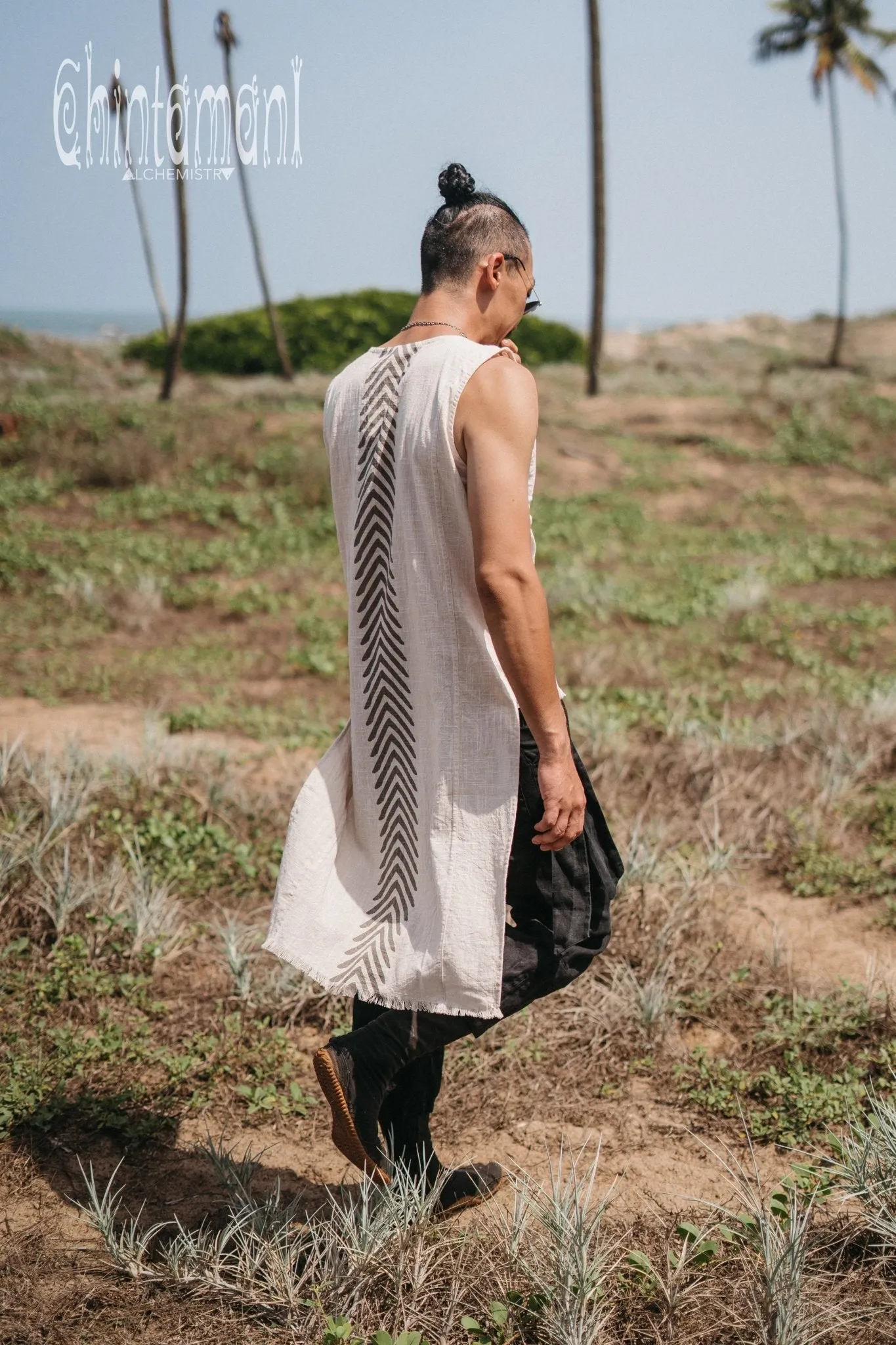 Organic Mens Long Top with Corners Print / Light Grey