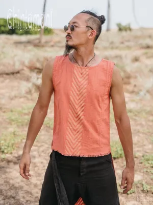 Organic Mens Long Top with Corners Print / Salmon Red