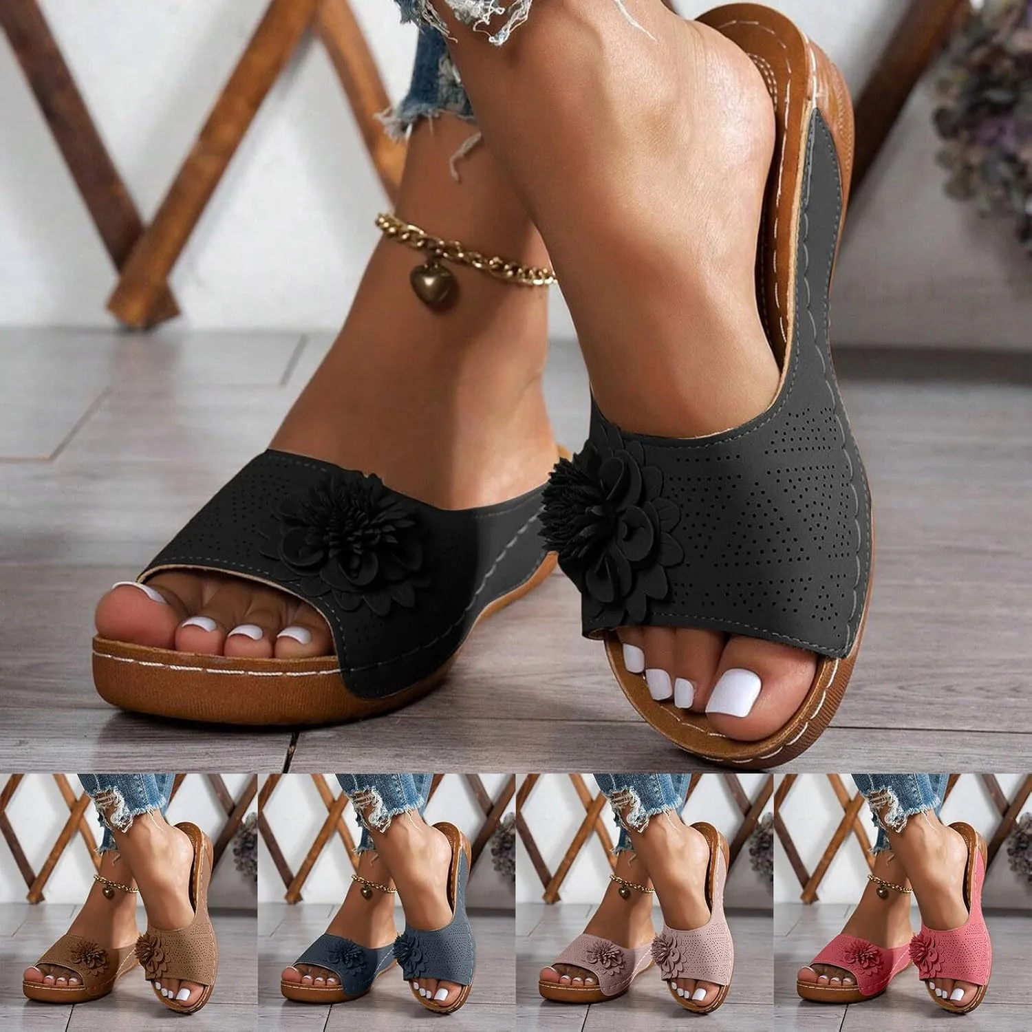 Orthopedic Sandals for Women Arch Support, Womens Summer Shoes 2025, Low Wedge Sandals Retro Bohemian Suede Leather Floral Breathable Slip On Orthopedic Arch Support Slide Sandal