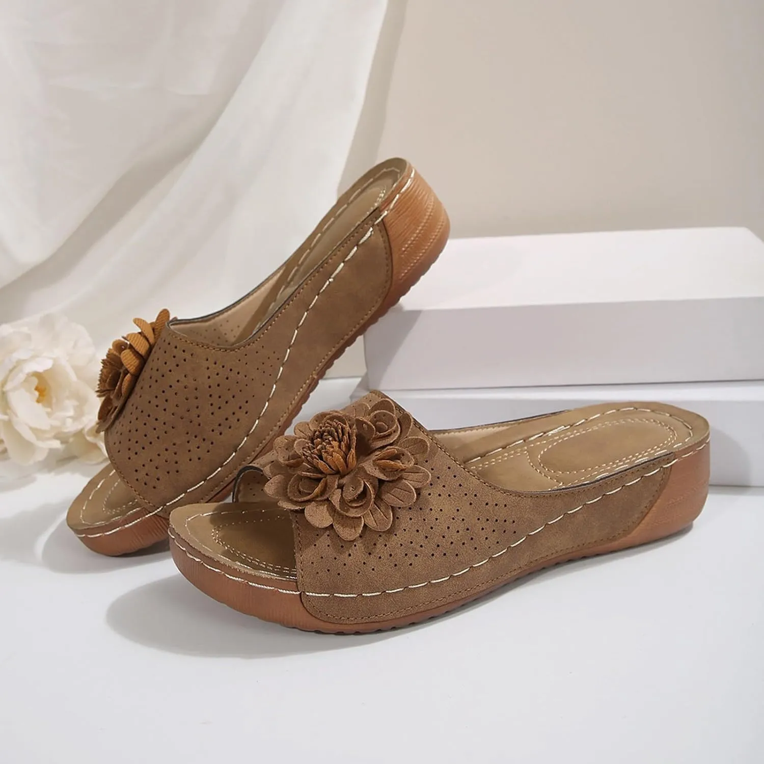 Orthopedic Sandals for Women Arch Support, Womens Summer Shoes 2025, Low Wedge Sandals Retro Bohemian Suede Leather Floral Breathable Slip On Orthopedic Arch Support Slide Sandal