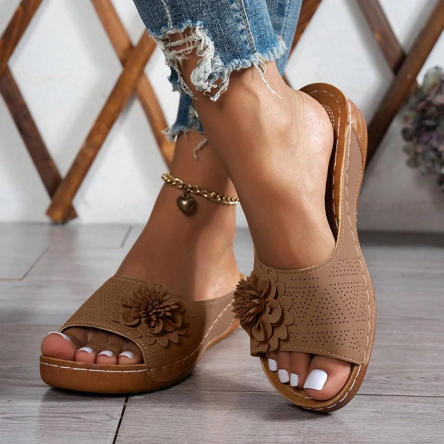 Orthopedic Sandals for Women Arch Support, Womens Summer Shoes 2025, Low Wedge Sandals Retro Bohemian Suede Leather Floral Breathable Slip On Orthopedic Arch Support Slide Sandal