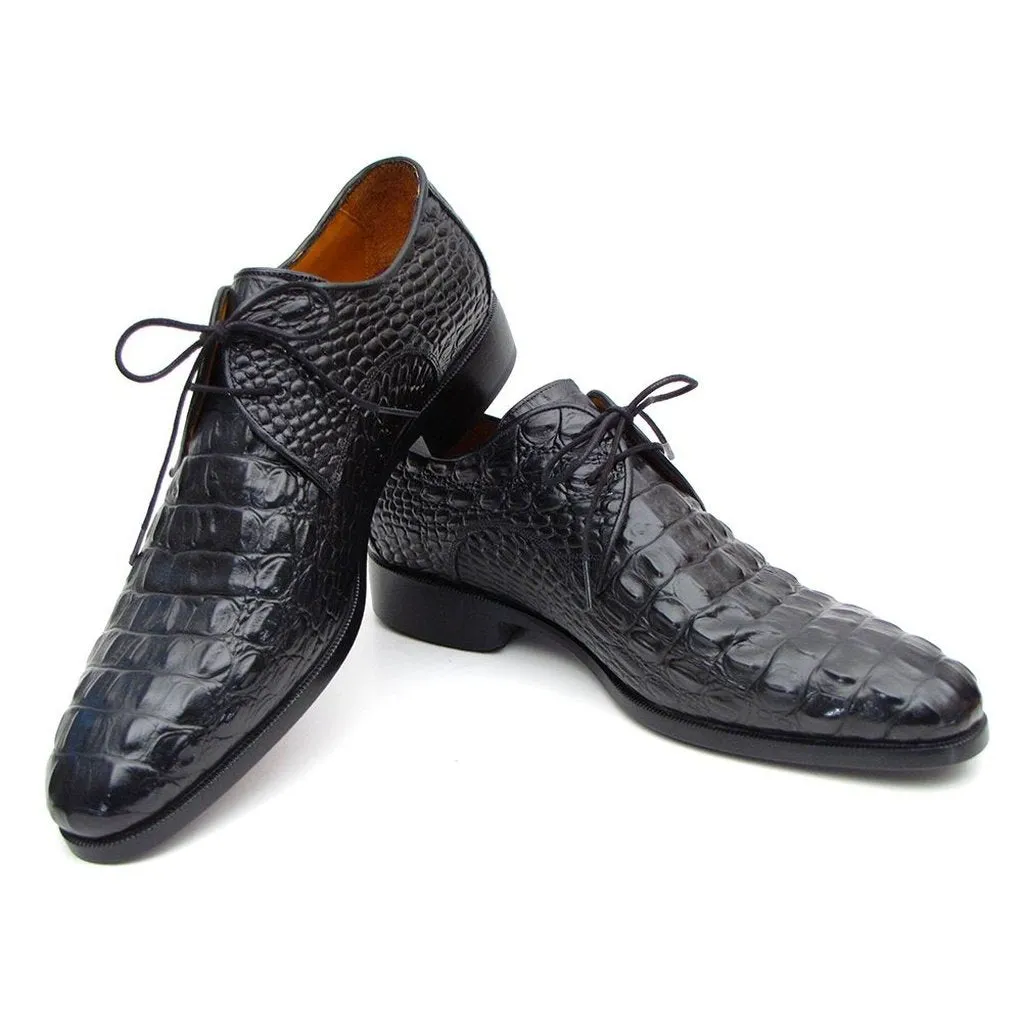 Paul Parkman Black Crocodile Embossed Calfskin Derby Shoes (ID#1438BLK)