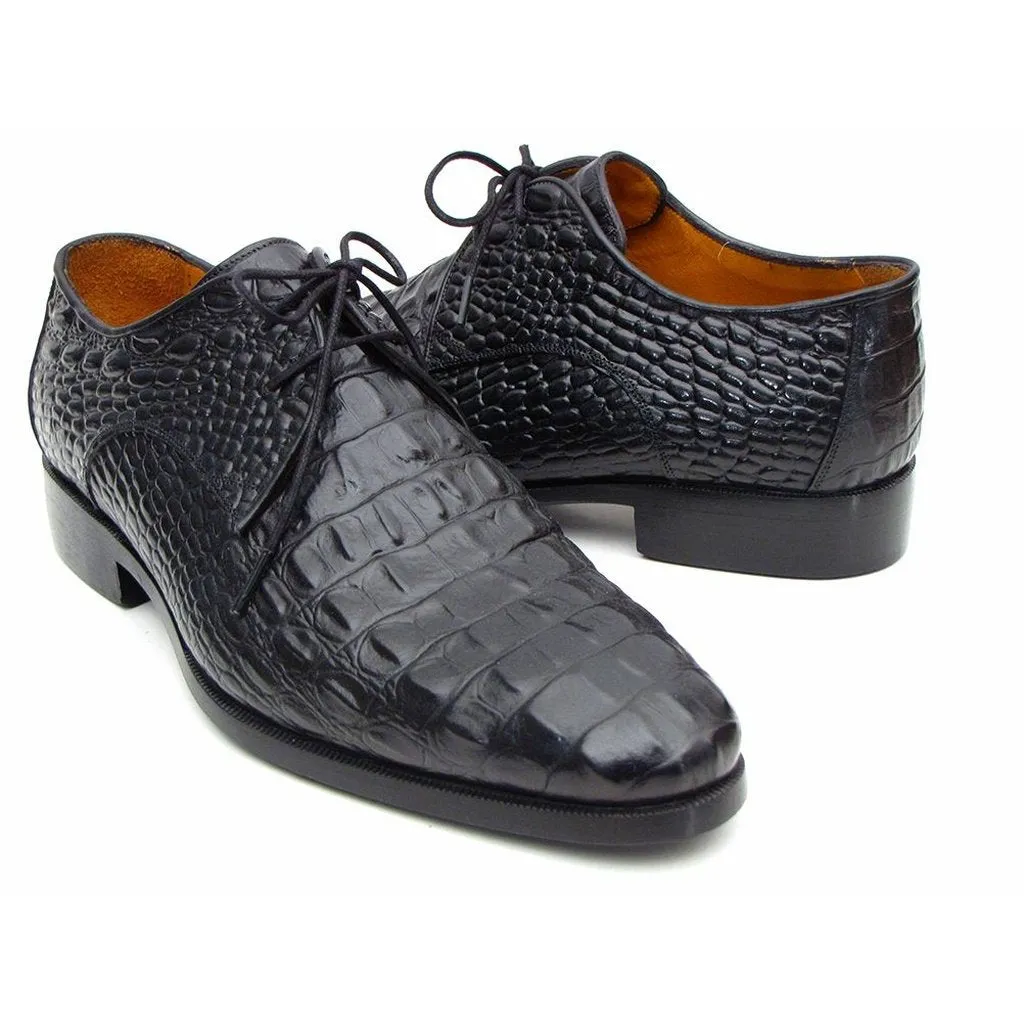 Paul Parkman Black Crocodile Embossed Calfskin Derby Shoes (ID#1438BLK)