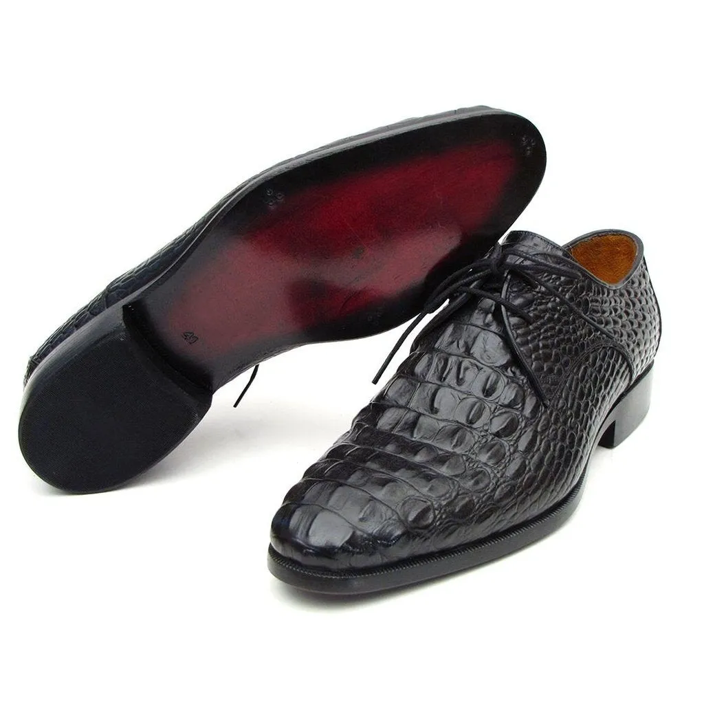 Paul Parkman Black Crocodile Embossed Calfskin Derby Shoes (ID#1438BLK)