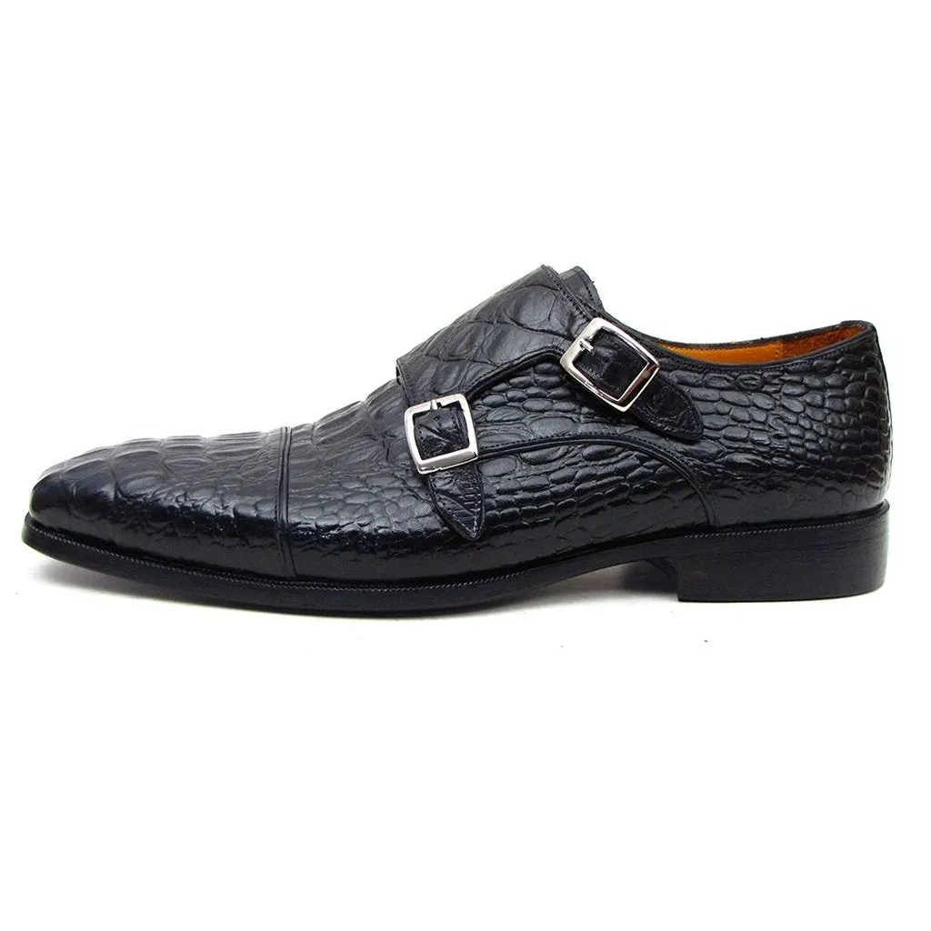 Paul Parkman Double Monkstraps Black Crocodile Embossed Calfskin (ID#045BK41)