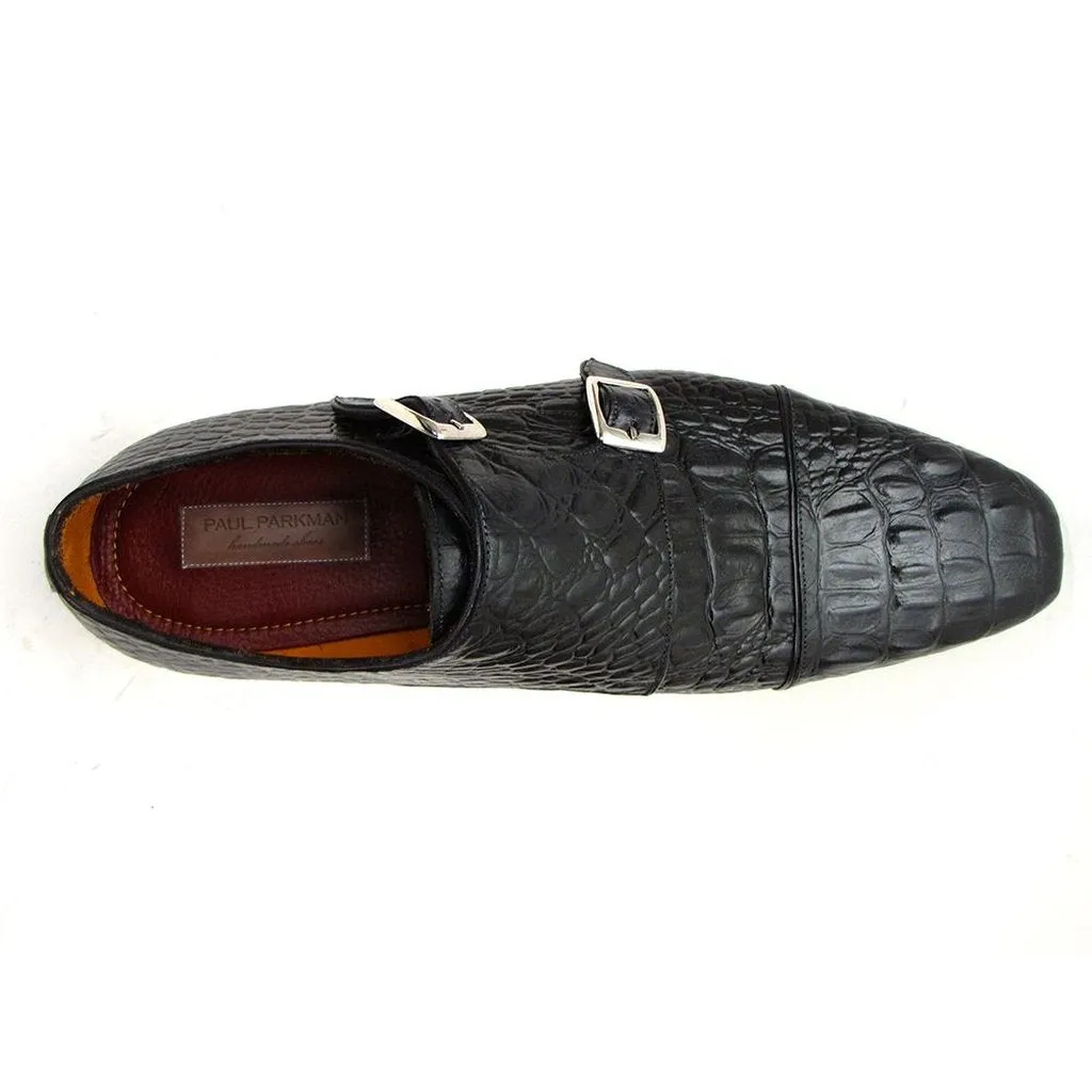 Paul Parkman Double Monkstraps Black Crocodile Embossed Calfskin (ID#045BK41)