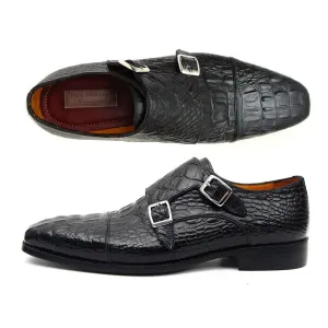 Paul Parkman Double Monkstraps Black Crocodile Embossed Calfskin (ID#045BK41)