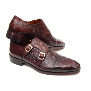 Paul Parkman Double Monkstraps Brown & Bordeaux Crocodile Embossed Calfskin (ID#045FG12)