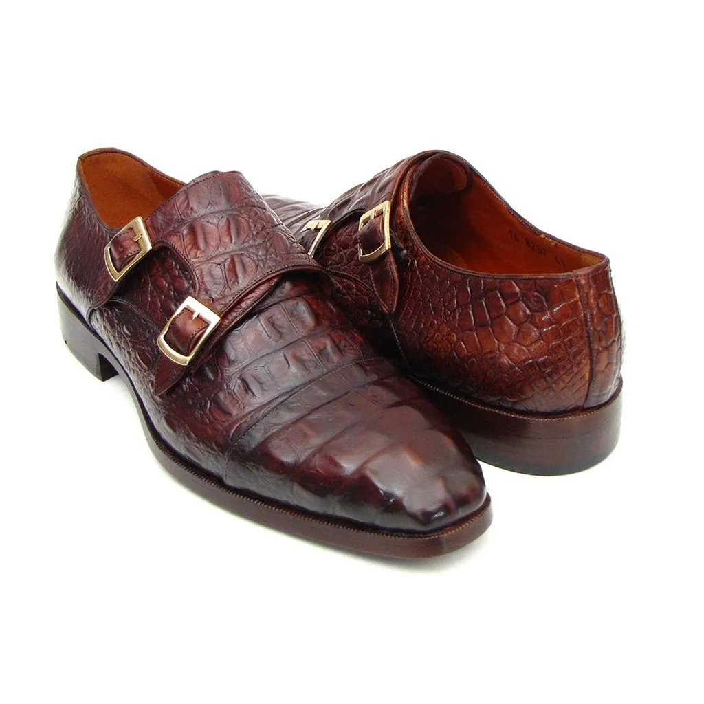 Paul Parkman Double Monkstraps Brown & Bordeaux Crocodile Embossed Calfskin (ID#045FG12)