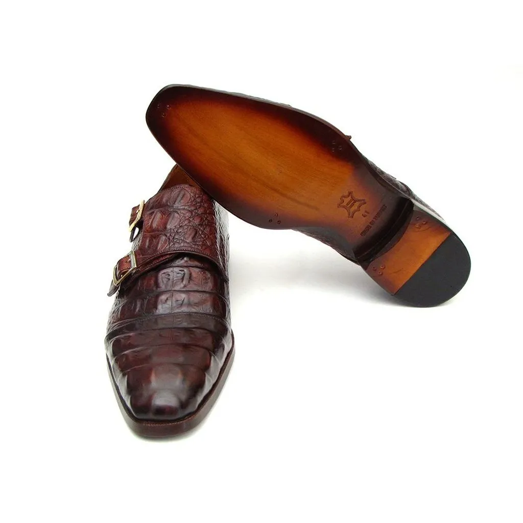 Paul Parkman Double Monkstraps Brown & Bordeaux Crocodile Embossed Calfskin (ID#045FG12)