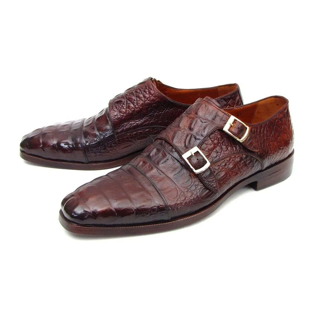 Paul Parkman Double Monkstraps Brown & Bordeaux Crocodile Embossed Calfskin (ID#045FG12)
