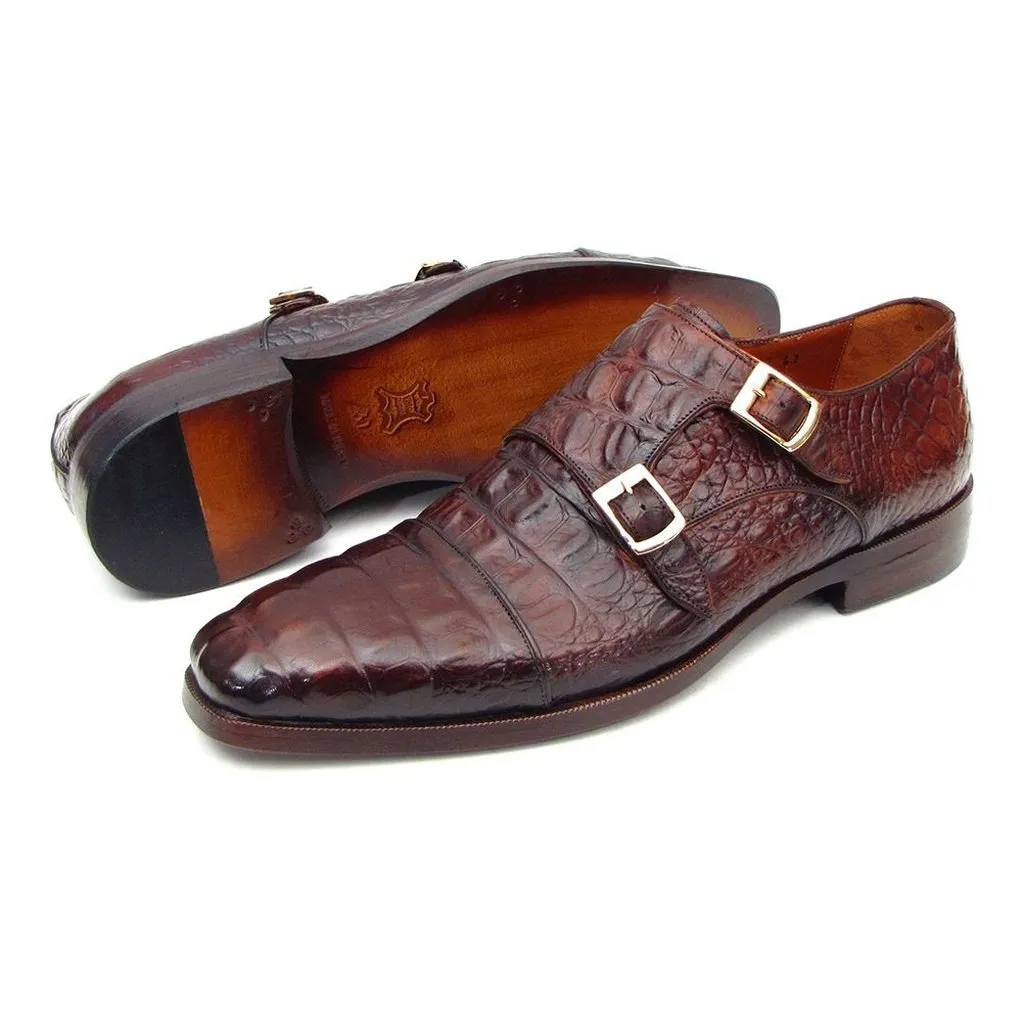 Paul Parkman Double Monkstraps Brown & Bordeaux Crocodile Embossed Calfskin (ID#045FG12)