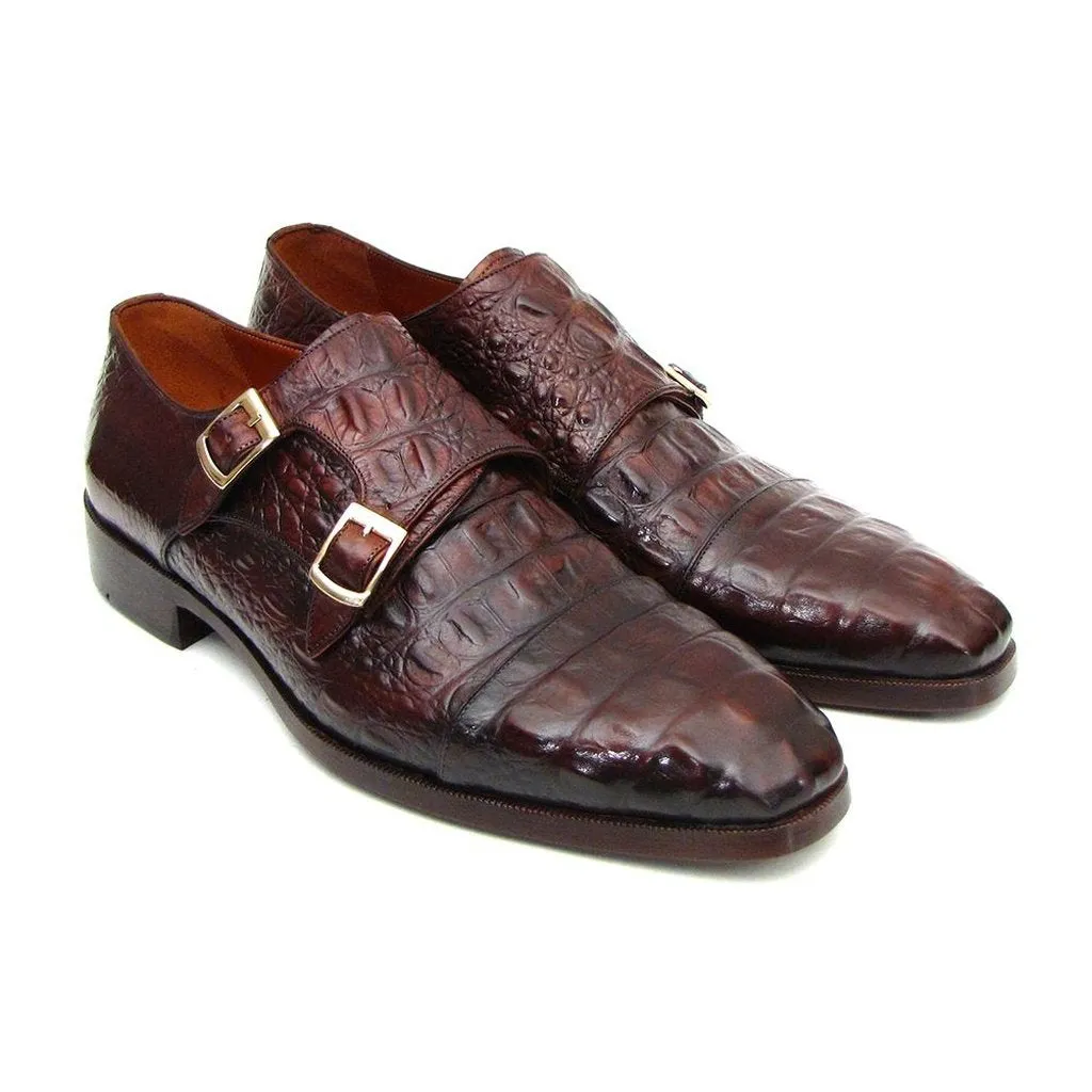 Paul Parkman Double Monkstraps Brown & Bordeaux Crocodile Embossed Calfskin (ID#045FG12)