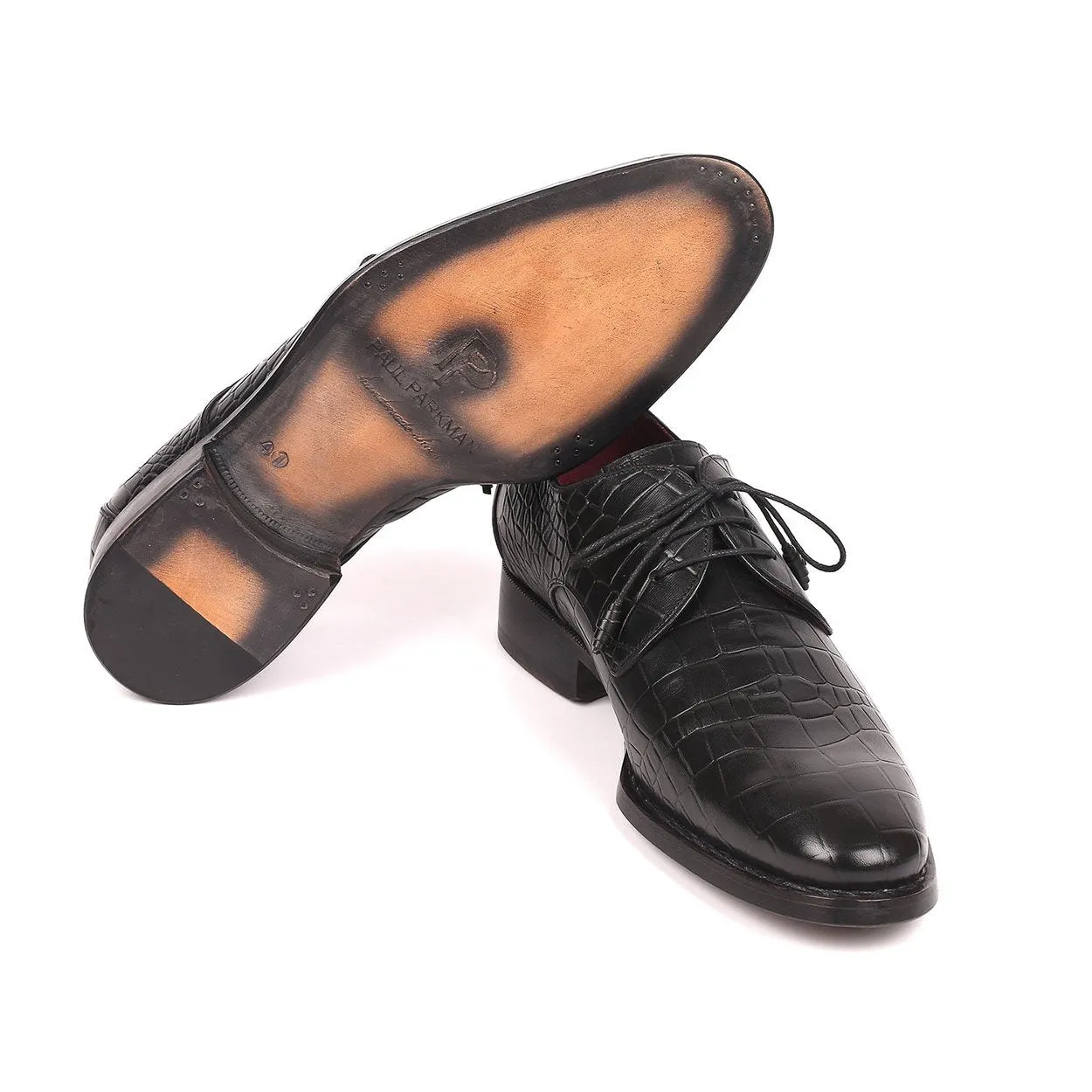 Paul Parkman Men's Black Crocodile Print / Calf-Skin Leather Good Year Welted Derby Oxfords 5254BLK (PM6162)