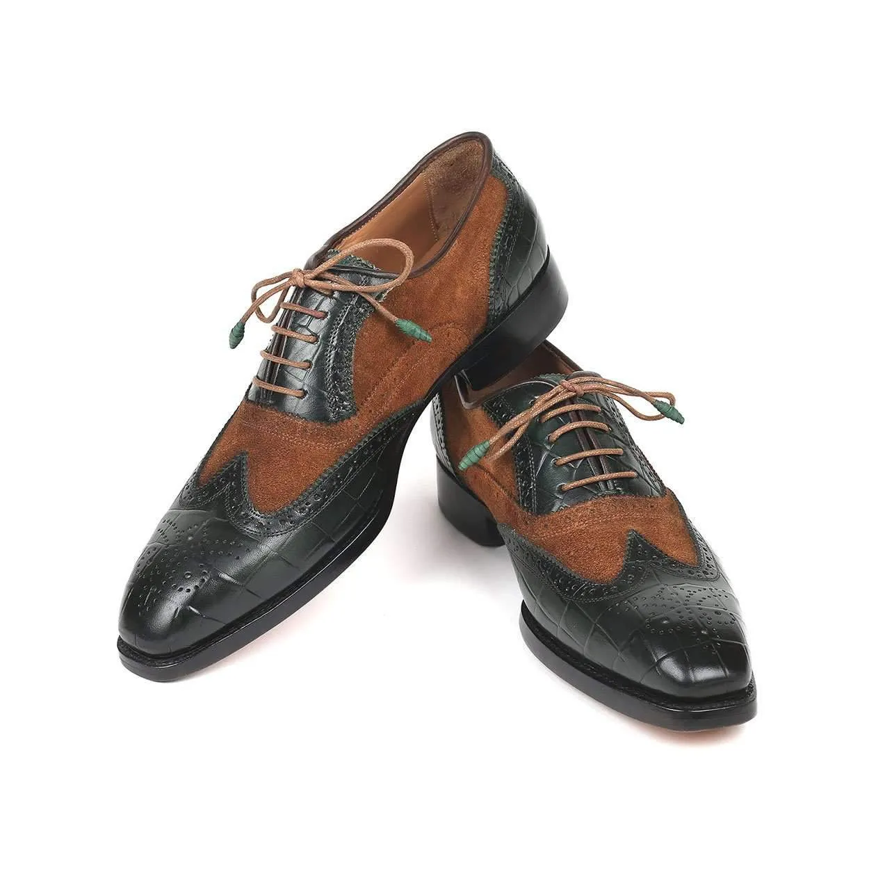Paul Parkman Men's Brown and Green Pattern Print / Calf-Skin and Suede Leather Good Year Wing Tips Oxfords 9941-BWG (PM6125)