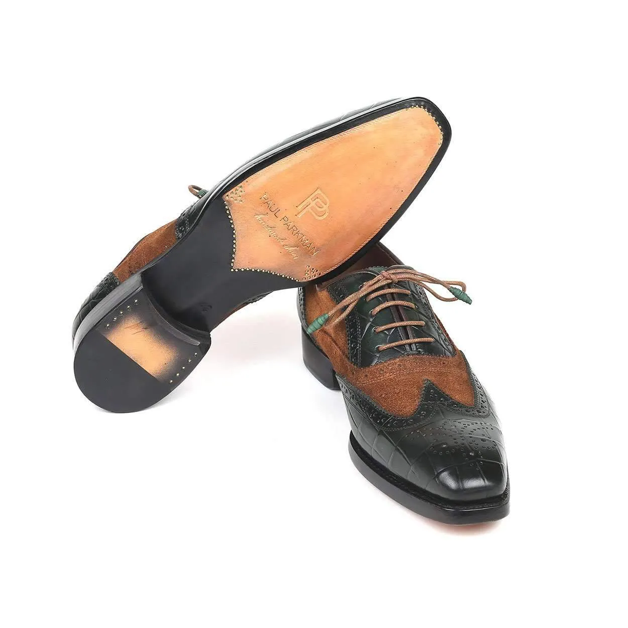 Paul Parkman Men's Brown and Green Pattern Print / Calf-Skin and Suede Leather Good Year Wing Tips Oxfords 9941-BWG (PM6125)