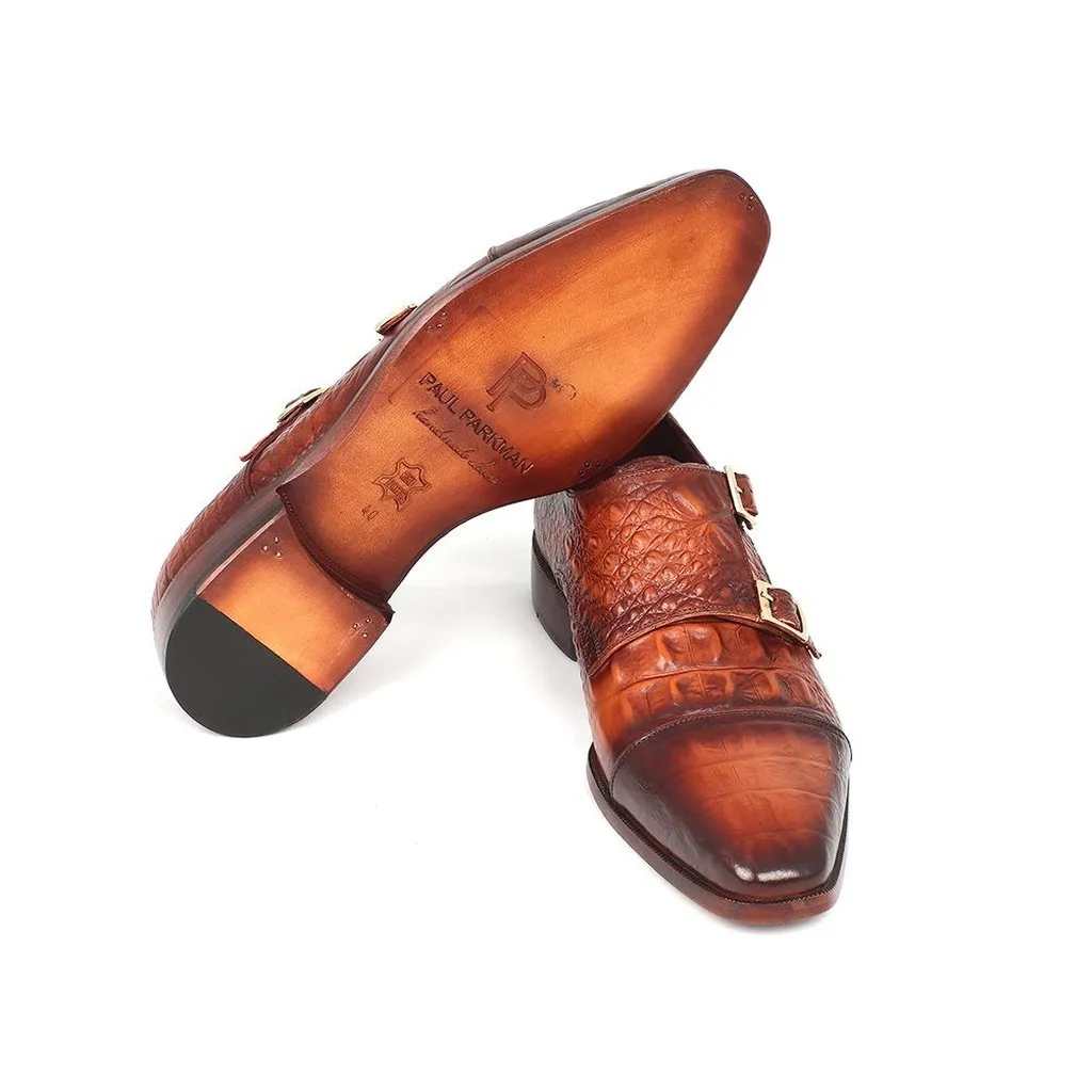 Paul Parkman Men's Double Monkstrap Brown Crocodile Embossed Calfskin (ID#PP2280)