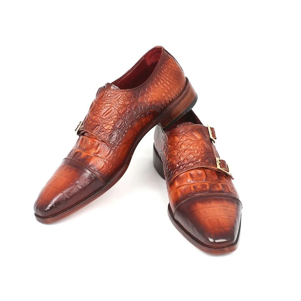 Paul Parkman Men's Double Monkstrap Brown Crocodile Embossed Calfskin (ID#PP2280)